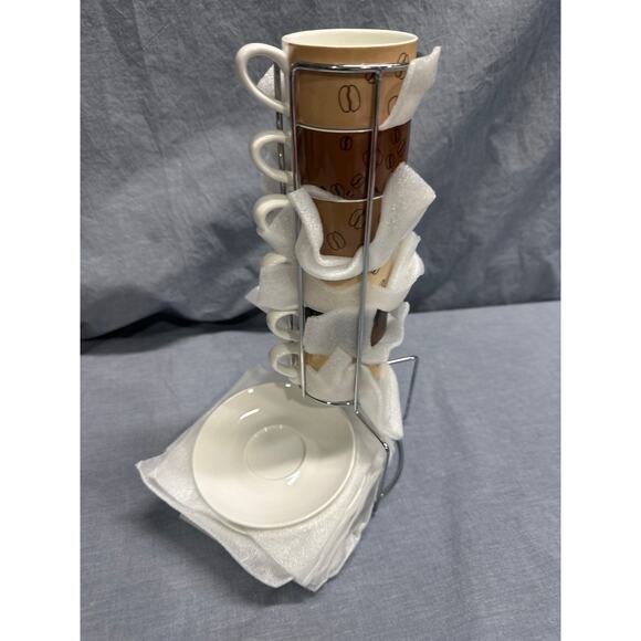 12 Pcs Brown Porcelain Stackable Espresso Cups with Saucers and Metal Stand - Picture 4 of 4